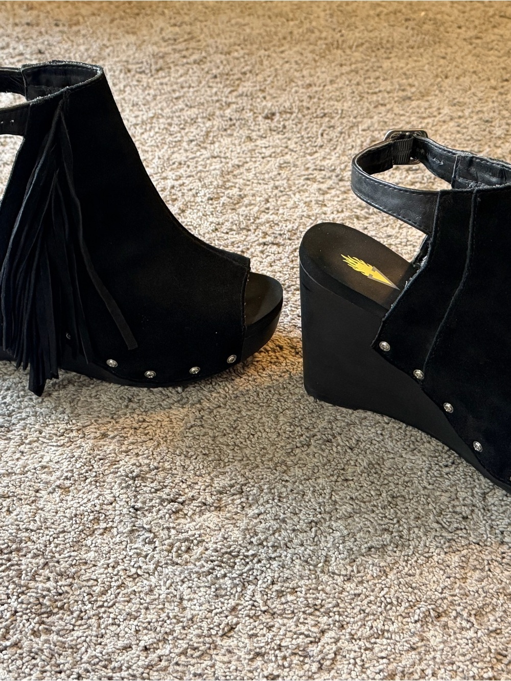 Volatile Black Suede Fringe Platform Wedge Sandals